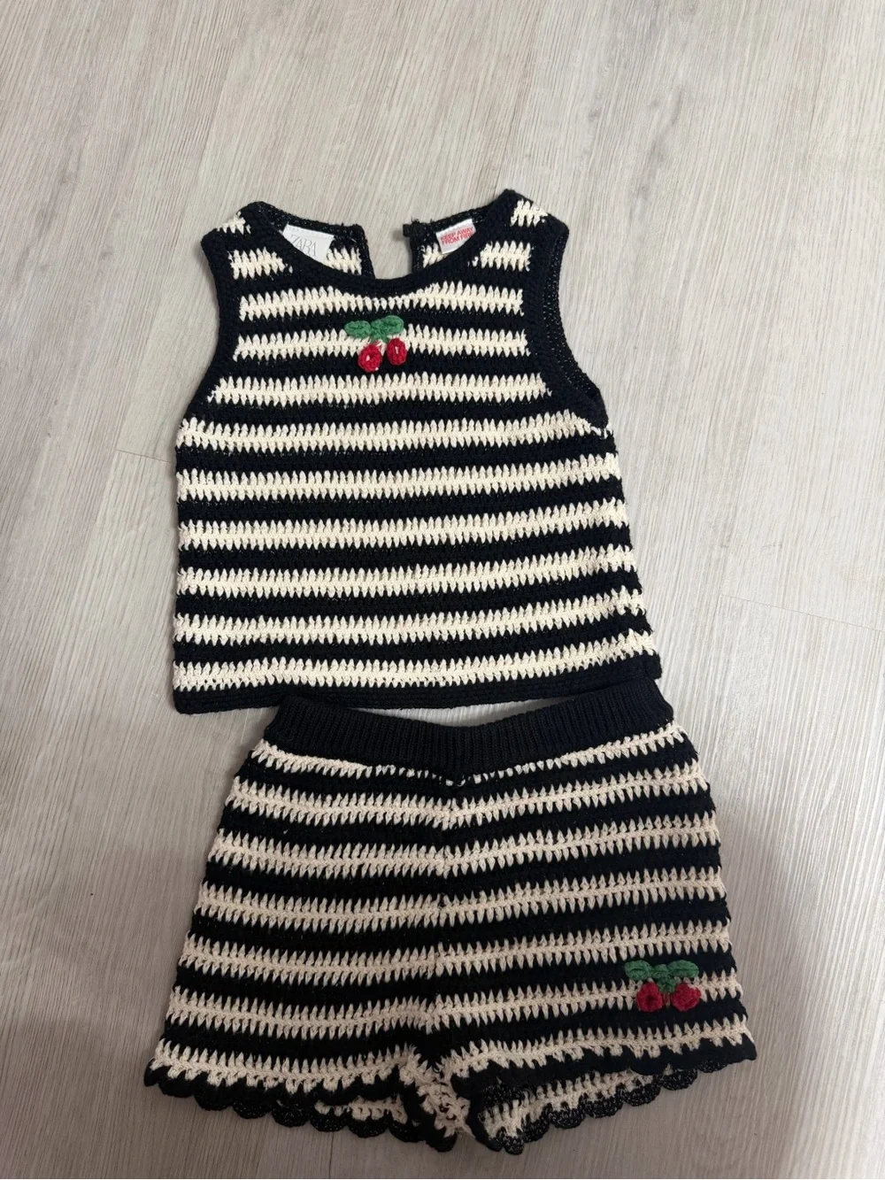 Zara Black and Cream Striped Knit Kids Matching Set with Cherry Detail